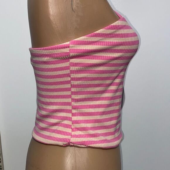 AFRM Women's One Shoulder Spaghetti Stripe Rib Saddle Top Pink/White Size M NWT - Picture 3 of 10